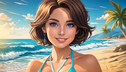 woman with short hair and light blue bikini on the beach, cartoon style