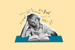 © deagreez - Composite photo collage of bored blonde schoolboy hold book illiterate lazy guy math homework tiredness isolated on painted background