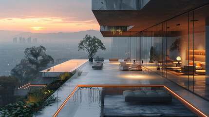 Wall Mural - Mountain villa with swimming pool at sunset in the city