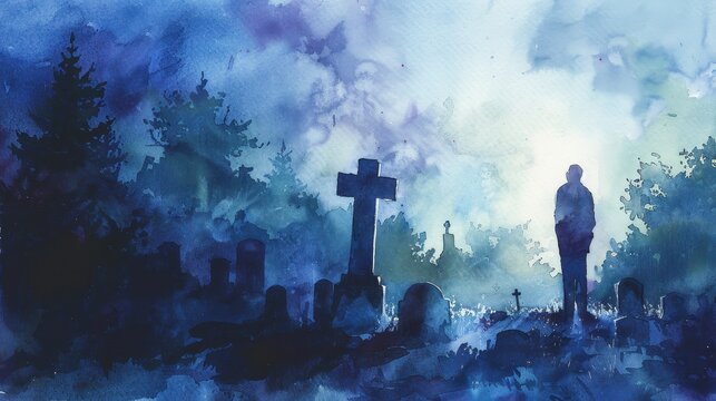 Watercolor depiction of a ghostly figure in a misty graveyard