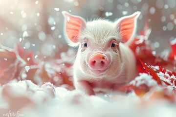 Wall Mural - A pink pig walking in the orange autumn grass in the forest with sunlight illustration, Closeup of pink baby piglets with white and clean body in blur background