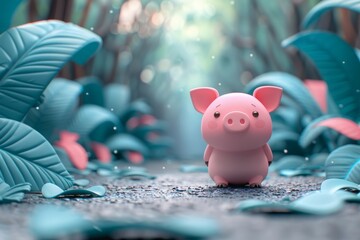 Wall Mural - A pink pig walking in the forest with sunlight illustration, Closeup of pink baby piglets with white and clean body in blur background