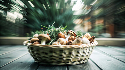 A wicker basket filled with fresh mushrooms sits on a wooden table