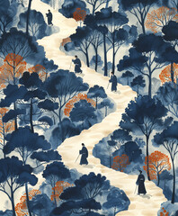 Wall Mural - Illustration of a mountain scenery and people walking