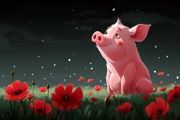 Wall Mural - A pink pig  with red flower in the night sky in the forest with sunlight illustration, Closeup of pink baby piglets with white and clean body in blur background