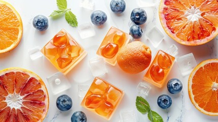 Wall Mural - Tasty tangerine gelatin and ripe fruits arranged on white marble surface in flat lay