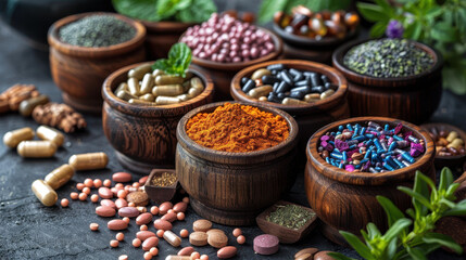 Various herbal supplements and natural ingredients are displayed in wooden bowls. The image features capsules, powders, and various herbal products