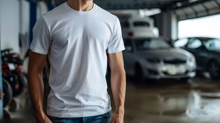 A man wearing a blank white t-shirt stands in a garage