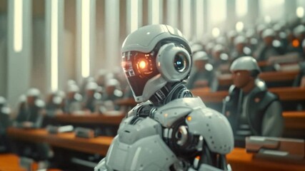 Aufkleber - A white humanoid robot sits in an auditorium filled with other robots.