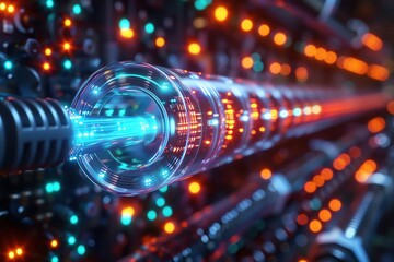 Abstract futuristic technology with glowing blue light traveling through a network of wires.