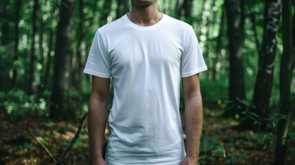 Wall Mural - A man wearing a blank white t-shirt in a forest