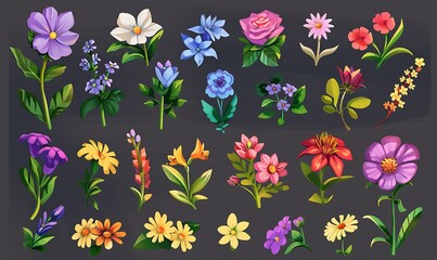 Wall Mural - Full Page Flower Sprite Sheet, Handpainted Cute Flowers for Game Assets
