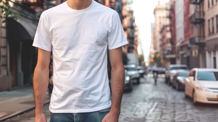 Wall Mural - A man wearing a plain white t-shirt stands on a city street