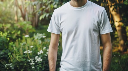 Poster - Man in a white t-shirt standing in a garden