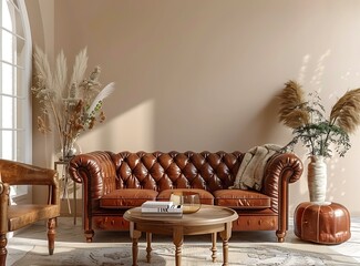 Wall Mural - Elegant living room interior with a brown leather sofa