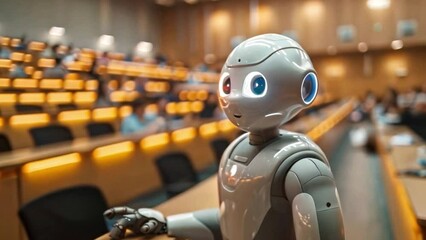 Fototapete - A humanoid robot stands in a classroom setting, likely addressing a group of students out of frame. The robot has a white, plastic body and large, expressive eyes.