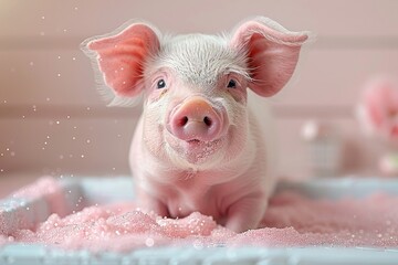 Wall Mural - Closeup of pink baby piglets with white hair on pink sand in isolated blurred background, cute pink baby pig with clean body in blur background