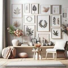 Wall Mural - A living room style interior set design there is an poster empty white with a couch and pictures on the wall Vibrant.