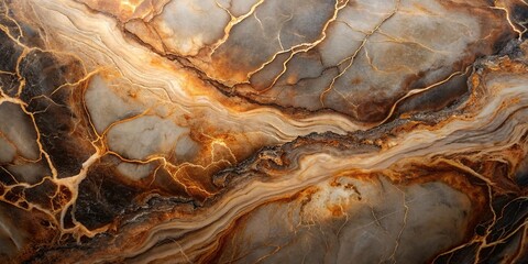 Close-up of a polished marble slab featuring swirling patterns in shades of gold, cream, and brown. The intricate veining and layered textures create a natural abstract design.