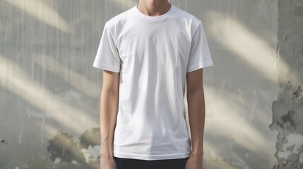 Canvas Print - A man wearing a blank white t-shirt stands against a concrete wall