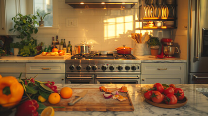 Wall Mural - Modern kitchen interior with novel lighting atmosphere, closeup