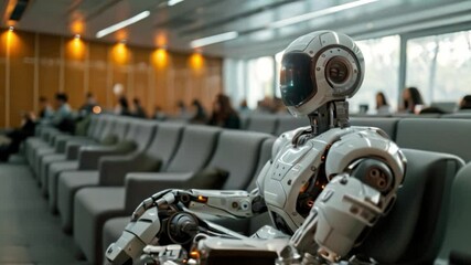 Fototapete - A white humanoid robot sits in a conference room with rows of empty chairs. The robot appears to be waiting.