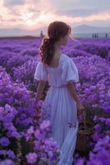 Wall Mural - woman in lavender field Wearing a dress