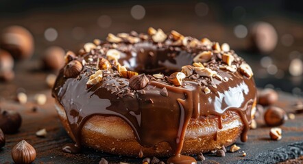 Wall Mural - Chocolate Glazed Donut With Hazelnut Topping