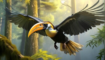 Wall Mural - Portrait of a beautifull flying wreathed hornbill 