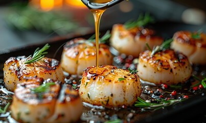 Wall Mural - Grilled scallops recipe by fine dining chef, prepared in creamy butter lemon sauce or Cajun spicy dripping sauce, garnished with herbs and displayed on black background with copy space.