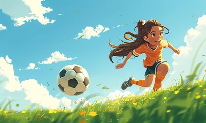 Wall Mural - Kids' football and soccer training: girl running and kicking a ball, dynamic pose, success in championship, cartoon style wide banner