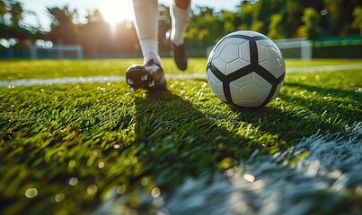 Wall Mural - Dynamic shot of skilled soccer player running swiftly, kicking ball during intense training at impressive stadium, showcasing success in sports competition.