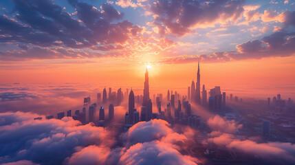 Canvas Print - Aerial view of a foggy city in the morning light