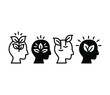 © looli - think green people head with leaves icons symbol sign vector design black white color simple flat modern illustration collection set