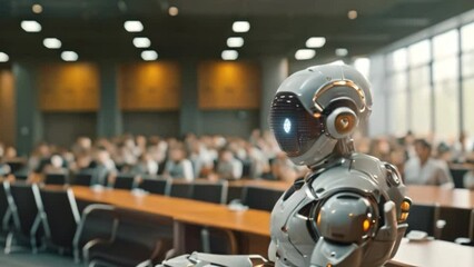 Fototapete - A white robot sits in the audience at a conference, facing forward and looking at the speaker. The robot is in a conference room with chairs and tables.