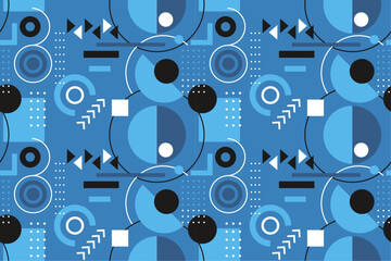 Poster - Abstract geometric background, triangles, circles and other shapes. Atypical and stylish seamless vector pattern. Blue color.