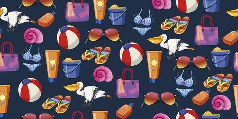 Fototapete - Summer pattern - glasses, cream, slippers, shell, pelican, summer bag, children's bucket. Blue background.