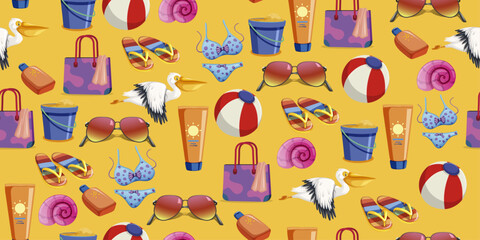 Poster - Summer pattern - glasses, cream, slippers, shell, pelican, summer bag, children's bucket.