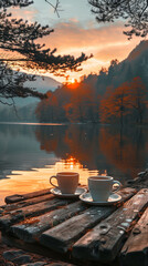 Wall Mural - cup of coffee on a wooden table by the lake at sunset