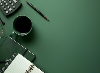 Wall Mural - Flat lay top view photography of a clean minimalistic dark green desk 