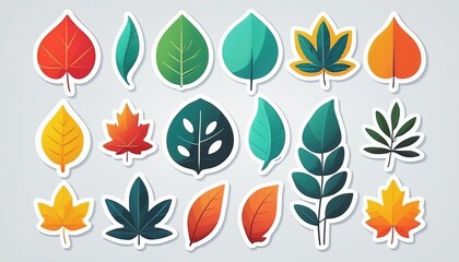 Wall Mural - Modern Leaves Collection: Cute Cartoon Stickers with White Frame