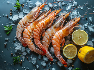 Sticker - fried shrimps with lemon on ice for cooking