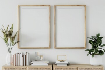 two wooden picture frames hanging on a white wall above a modern sideboard with books and a potted plant in a close up view