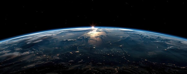 earth from space with sunrise over horizon, isolated on black background, copy space