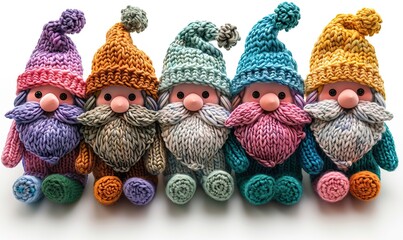Seven adorable knitted dwarves in rainbow hues stand alone on a white canvas.