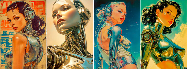 4 photo collages. Japanese crime movie poster with retro bionics White woman depicted in pin-up style with a robotic body Combining futuristic technology with classic cinema aesthetics