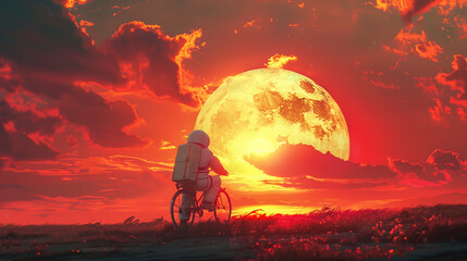 Sticker - silhouette of a Astronaut on a bike In the sunset sun