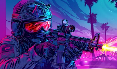 Retro Airsoft Warrior Synthwave Style, Vivid Colors, Detailed T-Shirt Graphic