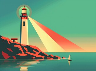 Wall Mural - Ocean lighthouse with sailboat on travel adventure seascape beauty and serenity art print landscape view illustration