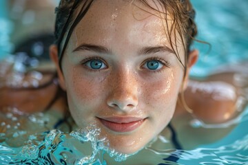 A young girl with freckles is swimming in a pool, looking directly at the camera with a warm smile. The water and her joyful expression convey a sense of summer fun.